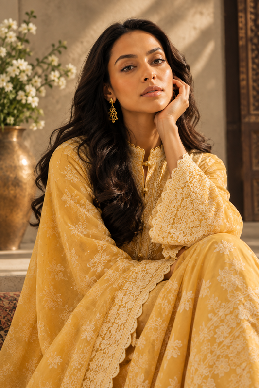 Yellow Chikankari Embroidered 3-Piece Suit – Stitched