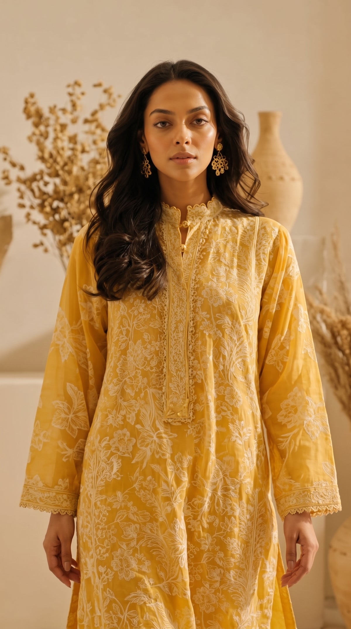 Yellow Chikankari Embroidered 3-Piece Suit – Stitched