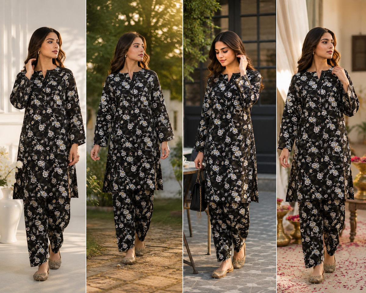 Black Floral Printed 2-Piece Unstitched Suit