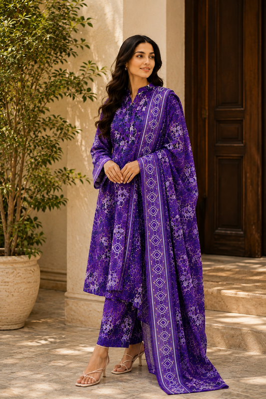 Purple Digital Floral Printed Unstitched Lawn 3-Piece Suit