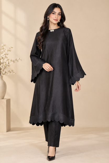 Black Scalloped Bell Sleeves 2-Piece Suit