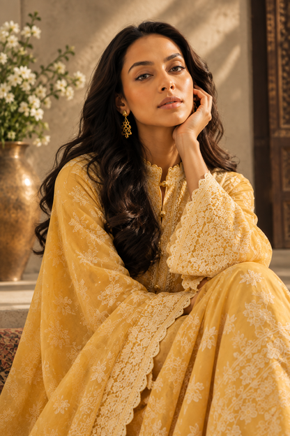 Yellow Chikankari Embroidered 3-Piece Suit – Stitched