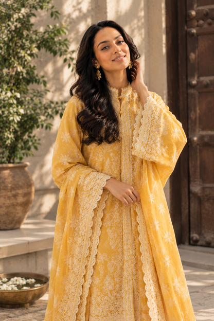 Yellow Chikankari Embroidered 3-Piece Suit – Stitched