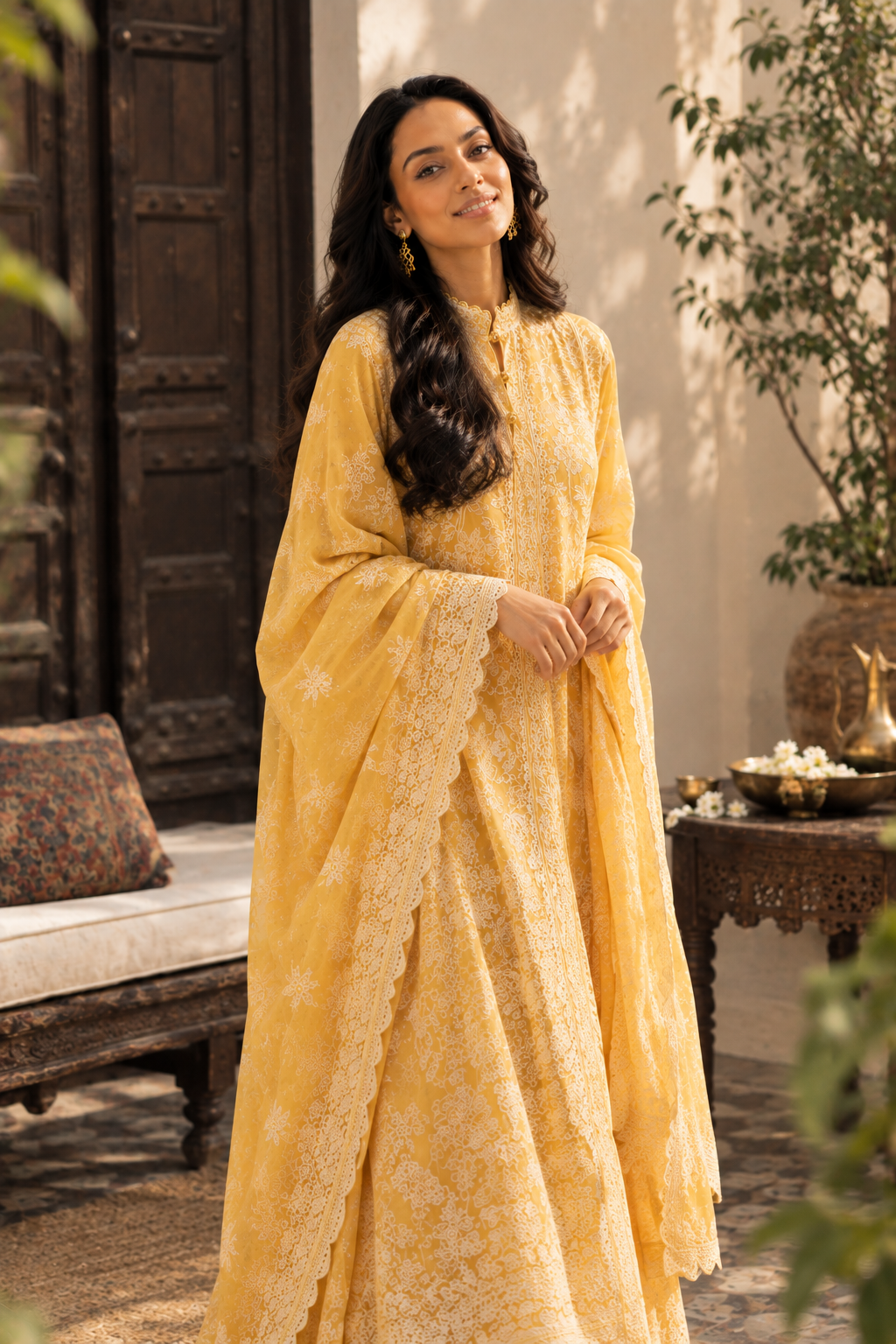 Yellow Chikankari Embroidered 3-Piece Suit – Stitched