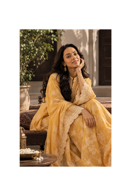 Yellow Chikankari Embroidered 3-Piece Suit – Stitched