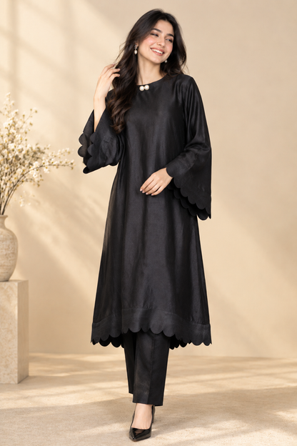 Black Scalloped Bell Sleeves 2-Piece Suit