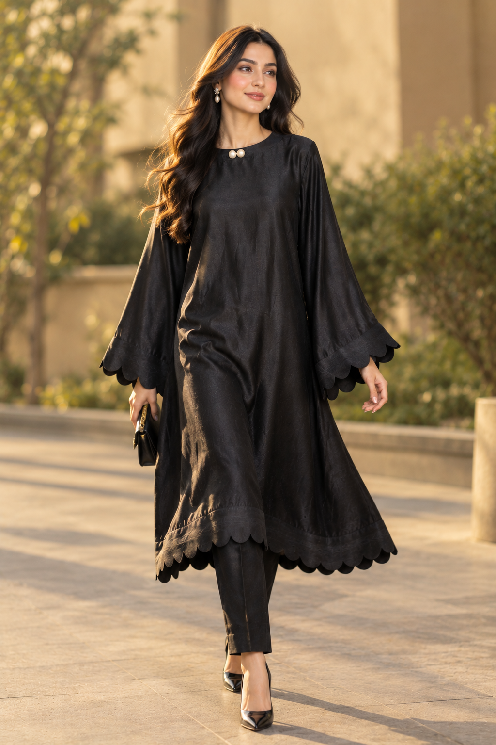 Black Scalloped Bell Sleeves 2-Piece Suit