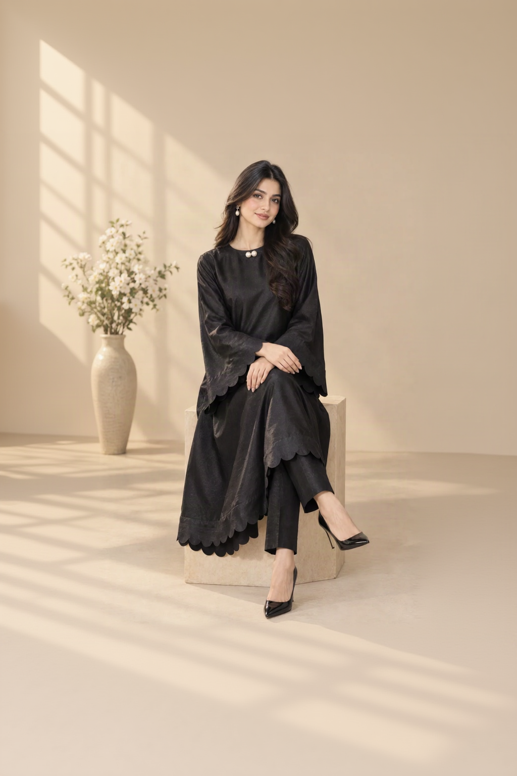 Black Scalloped Bell Sleeves 2-Piece Suit