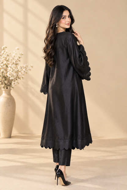 Black Scalloped Bell Sleeves 2-Piece Suit