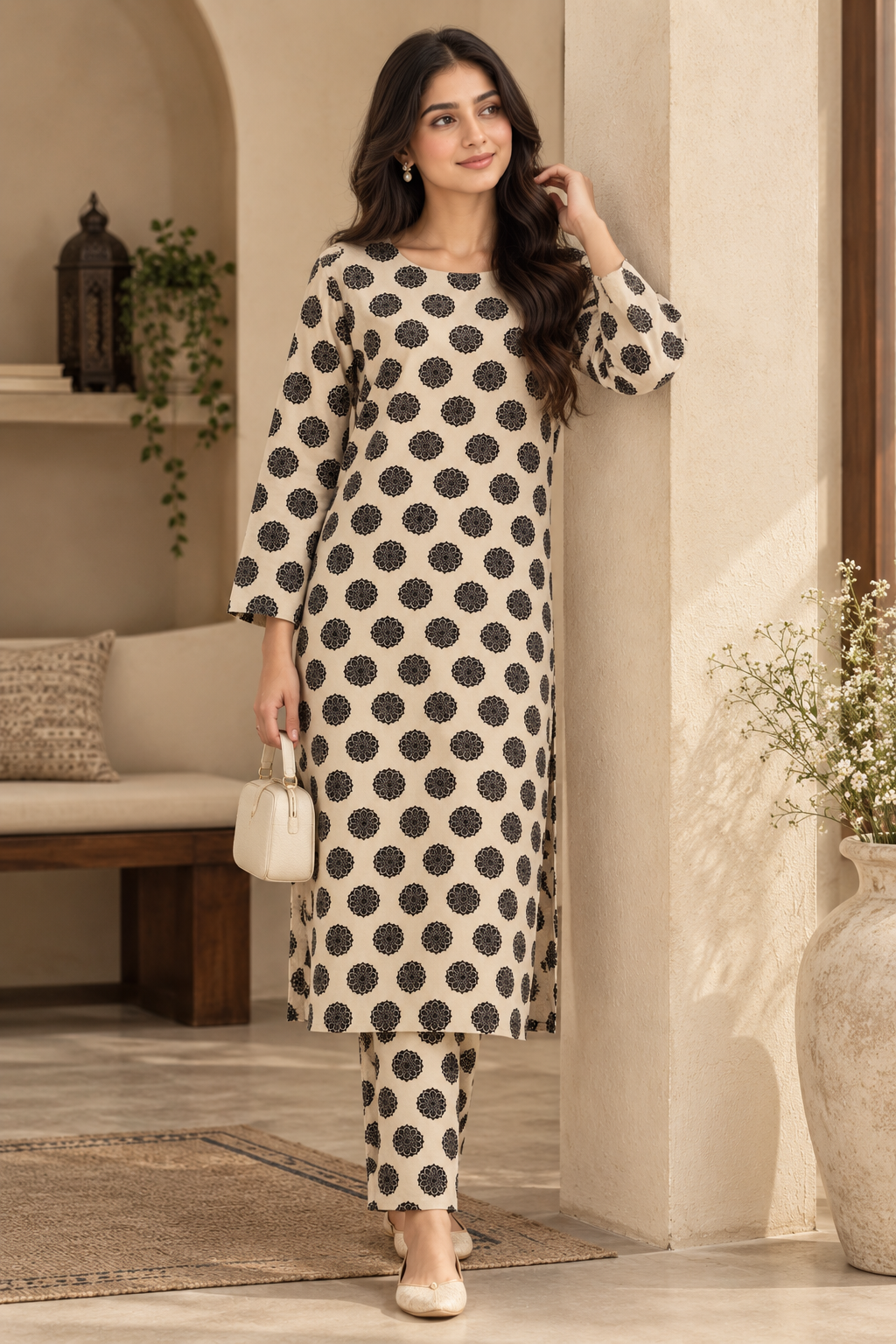 Printed 2 Piece Unstitched Suit .Mandala Block Print Shirt + Trouser