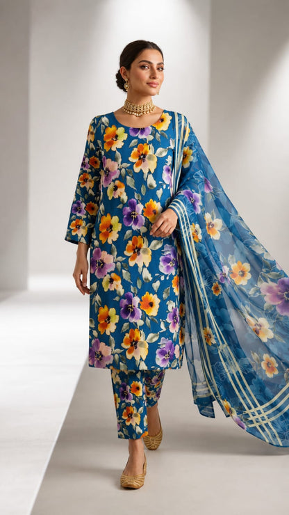 ZarDozi DarBar -3 piece lawn suit teal blue floral print
