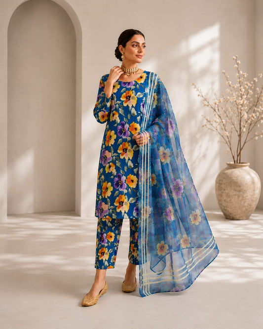 ZarDozi DarBar -3 piece lawn suit teal blue floral print