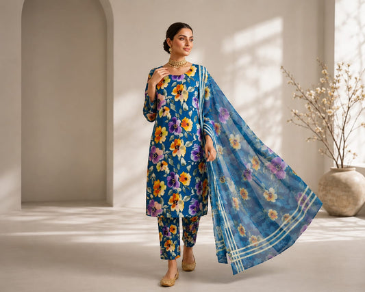 ZarDozi DarBar -3 piece lawn suit teal blue floral print