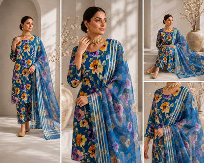 ZarDozi DarBar -3 piece lawn suit teal blue floral print
