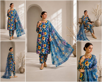 ZarDozi DarBar -3 piece lawn suit teal blue floral print