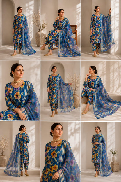 ZarDozi DarBar -3 piece lawn suit teal blue floral print