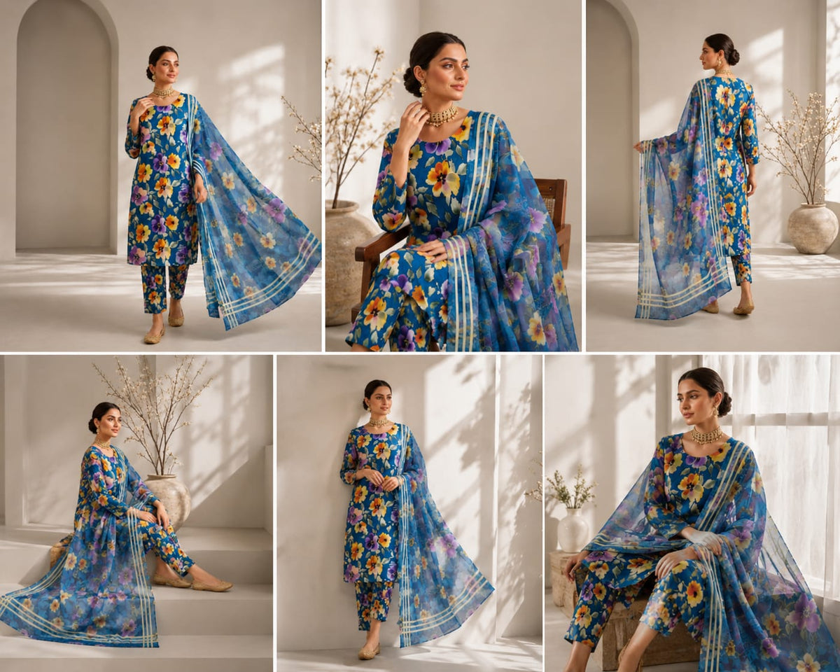 ZarDozi DarBar -3 piece lawn suit teal blue floral print