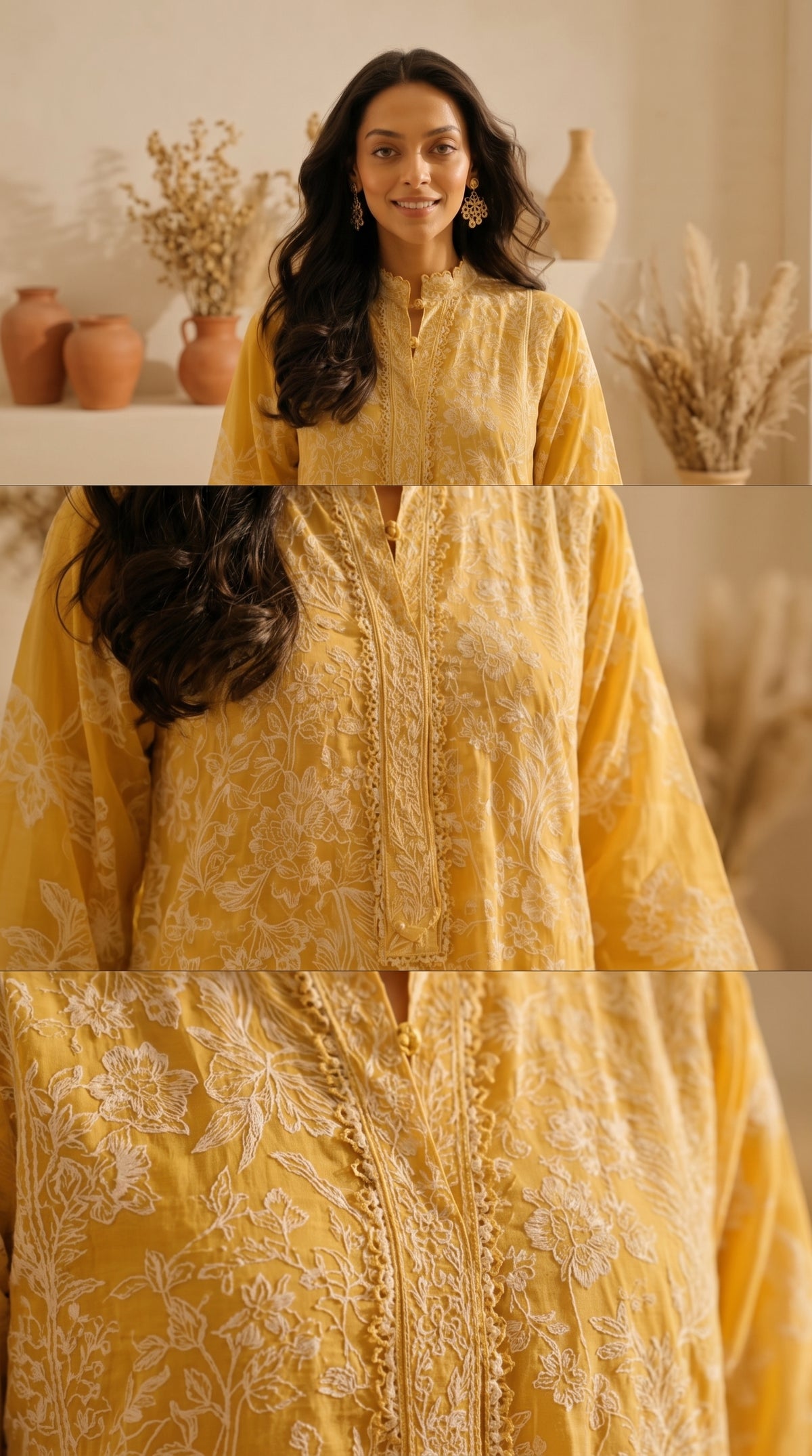 Yellow Chikankari Embroidered 3-Piece Suit – Stitched