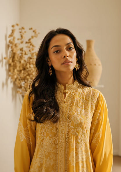 Yellow Chikankari Embroidered 3-Piece Suit – Stitched