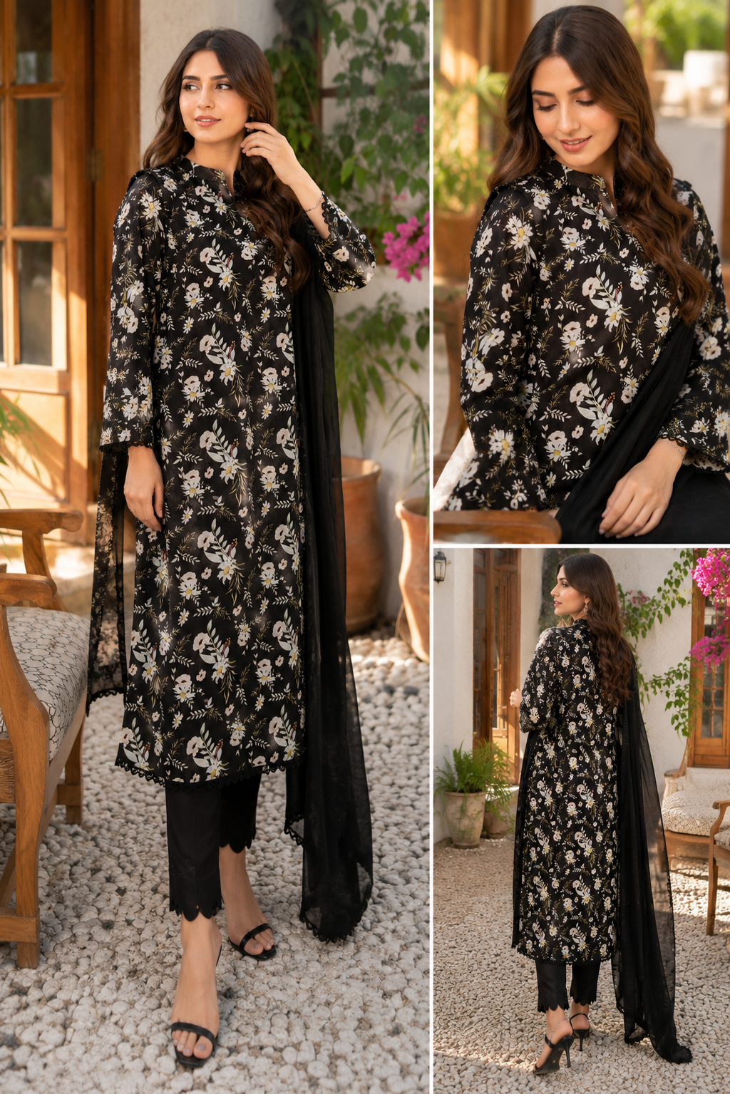 Black Floral Printed 2-Piece Unstitched Suit