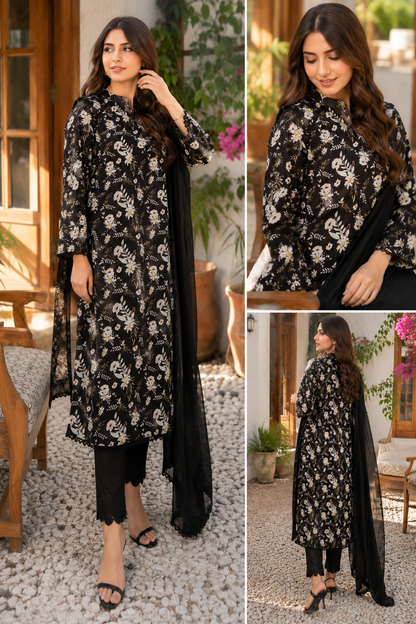 Black Floral Printed 2-Piece Unstitched Suit