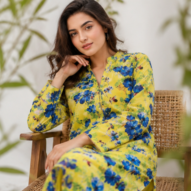 Lime Green Floral Printed 3-Piece Lawn dress