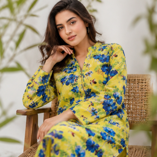 Lime Green Floral Printed 3-Piece Lawn dress