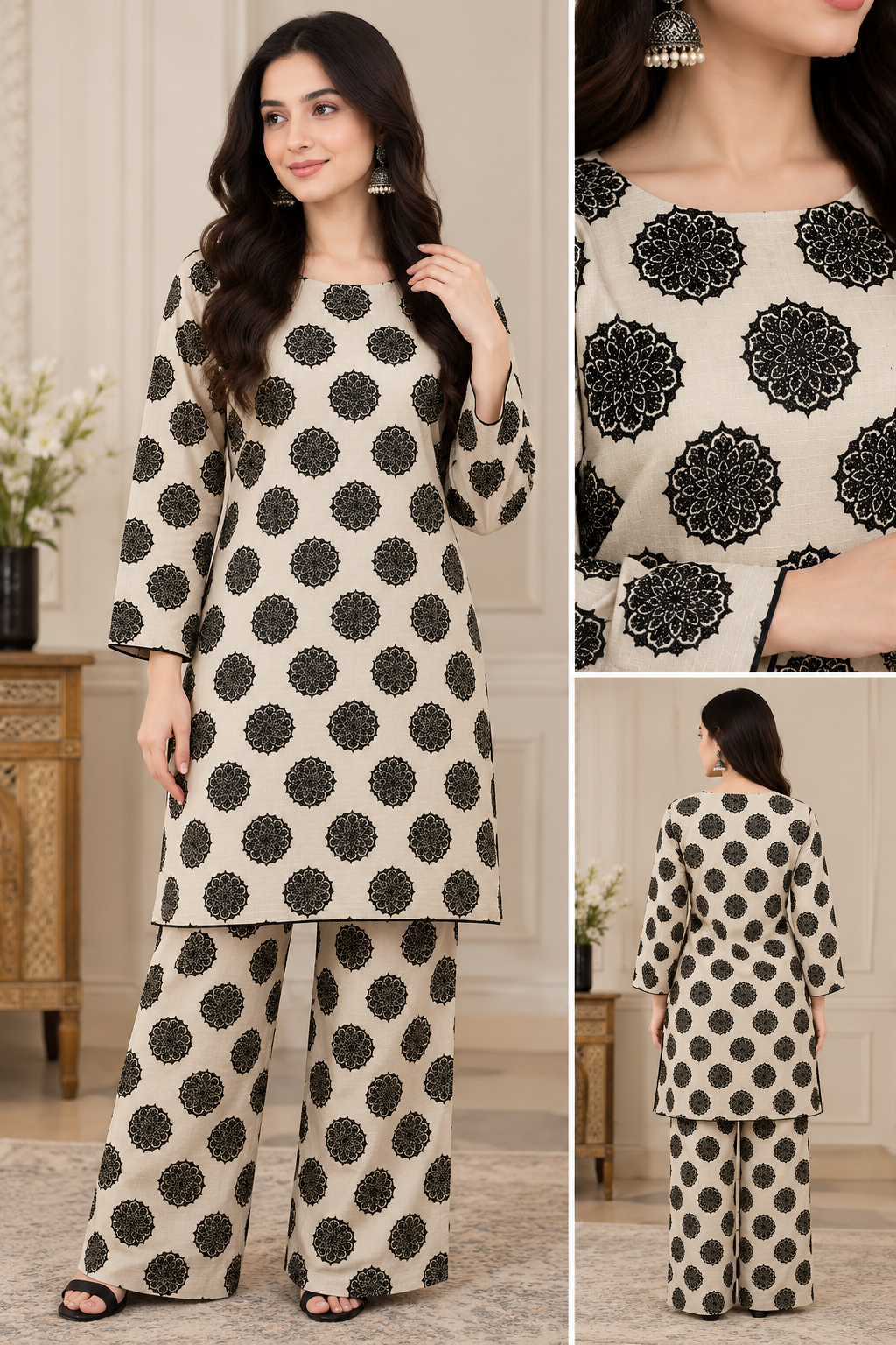 Printed 2 Piece Unstitched Suit .Mandala Block Print Shirt + Trouser