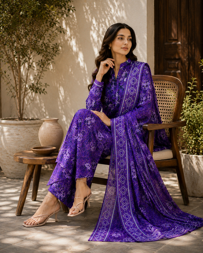 Purple Digital Floral Printed Unstitched Lawn 3-Piece Suit