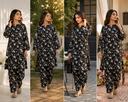 Black Floral Printed 2-Piece Unstitched Suit