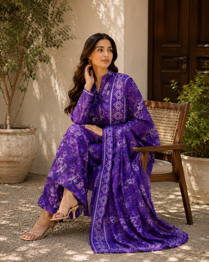 Purple Digital Floral Printed Unstitched Lawn 3-Piece Suit