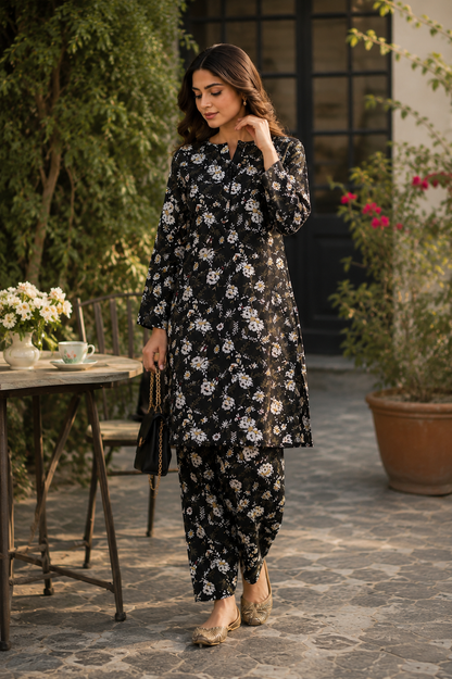 Black Floral Printed 2-Piece Unstitched Suit