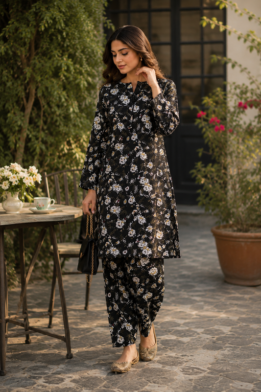 Black Floral Printed 2-Piece Unstitched Suit