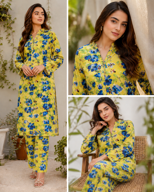 Lime Green Floral Printed 3-Piece Lawn dress