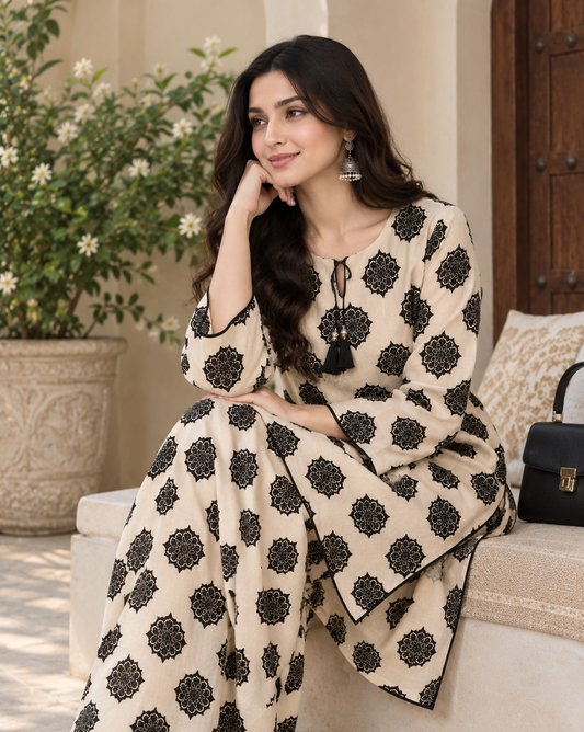 Printed 2 Piece Unstitched Suit .Mandala Block Print Shirt + Trouser