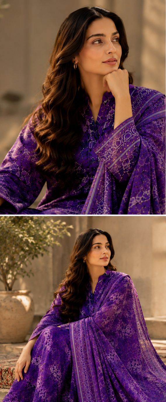 Purple Digital Floral Printed Unstitched Lawn 3-Piece Suit