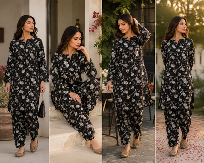 Black Floral Printed 2-Piece Unstitched Suit