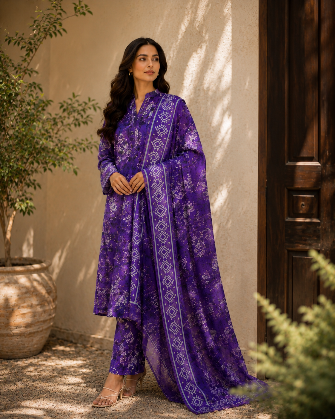 Purple Digital Floral Printed Unstitched Lawn 3-Piece Suit