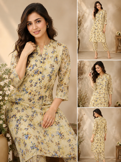 Yellow Floral Print Unstitched Lawn Suit – 3 Piece