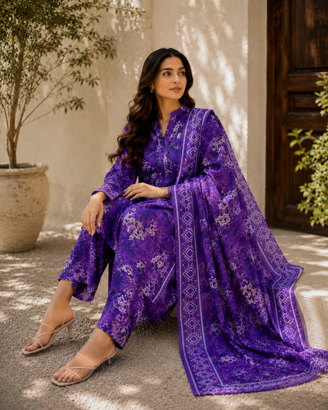 Purple Digital Floral Printed Unstitched Lawn 3-Piece Suit