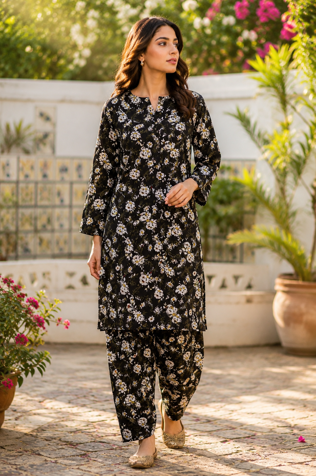 Black Floral Printed 2-Piece Unstitched Suit