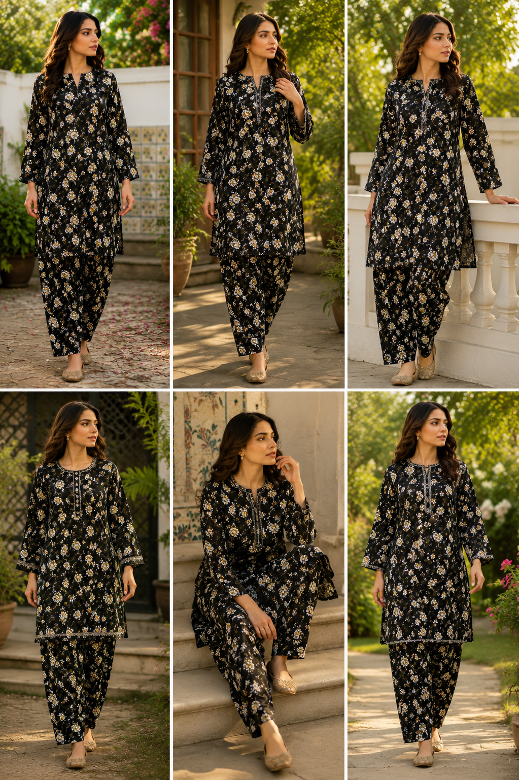 Black Floral Printed 2-Piece Unstitched Suit