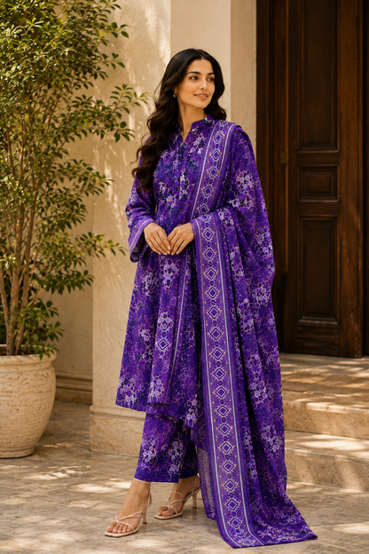 Purple Digital Floral Printed Unstitched Lawn 3-Piece Suit