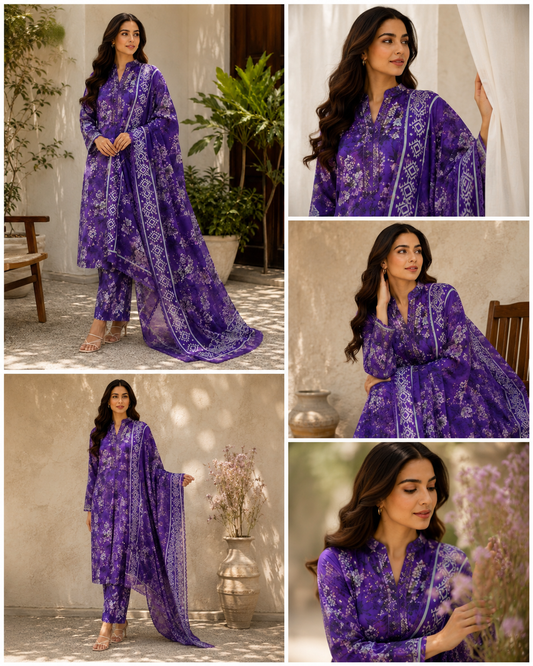 Purple Digital Floral Printed Unstitched Lawn 3-Piece Suit