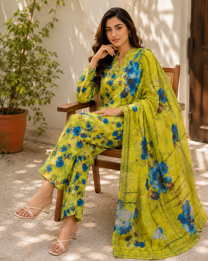Lime Green Floral Printed 3-Piece Lawn dress