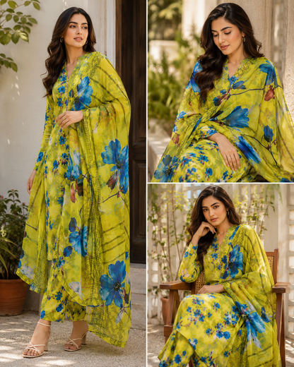 Lime Green Floral Printed 3-Piece Lawn dress