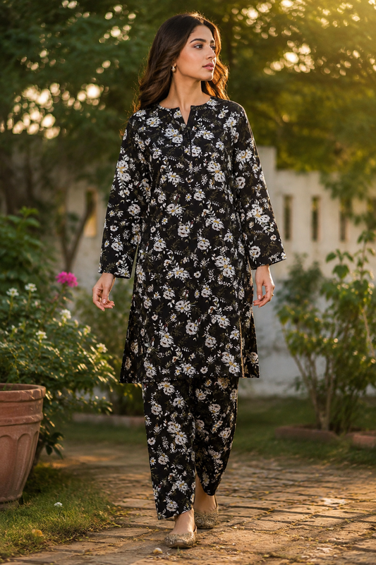 Black Floral Printed 2-Piece Unstitched Suit