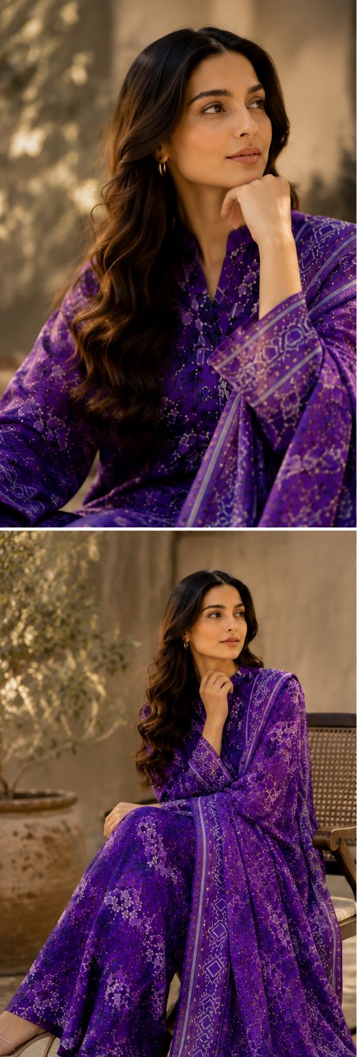 Purple Digital Floral Printed Unstitched Lawn 3-Piece Suit