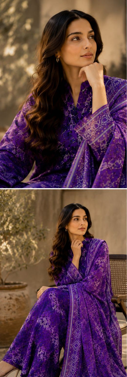 Purple Digital Floral Printed Unstitched Lawn 3-Piece Suit