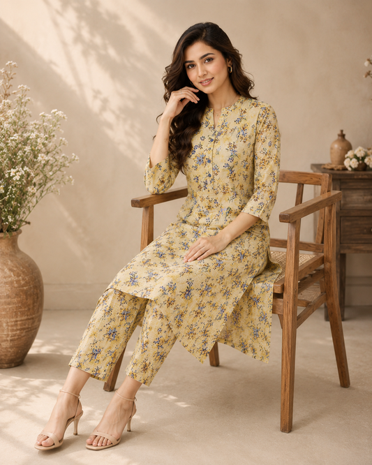 Yellow Floral Print Unstitched Lawn Suit – 3 Piece